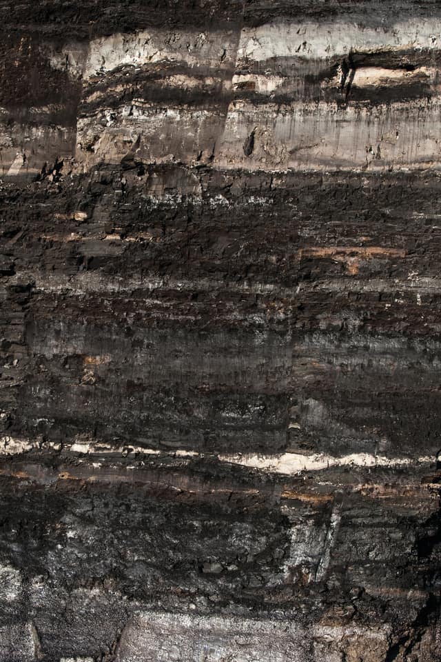 Nahaufnahme der Abbauwand: feine schwarze und hellgraue Schichten liegen dicht übereinander