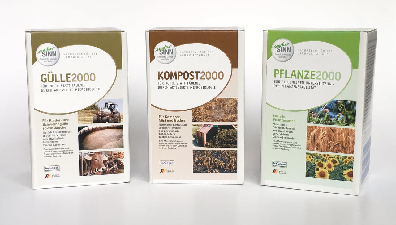Die NaturSinn-Kartons GÜLLE2000, KOMPOST2000 und PFLANZE2000 nebeneinander