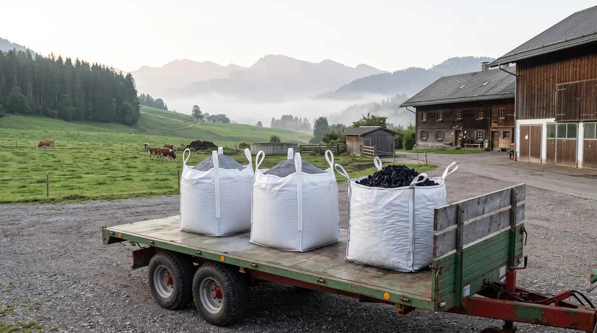 BigBags mit Gesteinsmehl und Pflanzenkohle auf einem Anhänger am Hof (KI-Illustration)